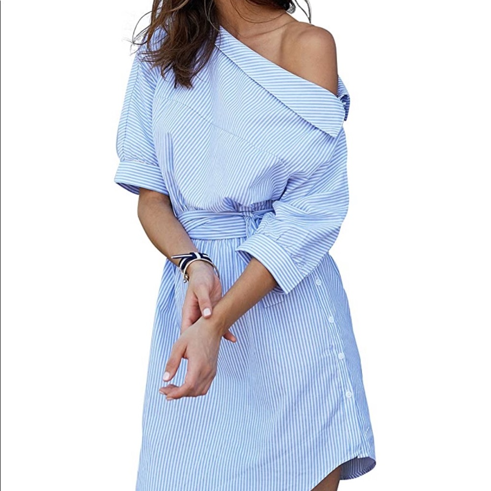 Simplee Women's One Shoulder Striped Belted Dress